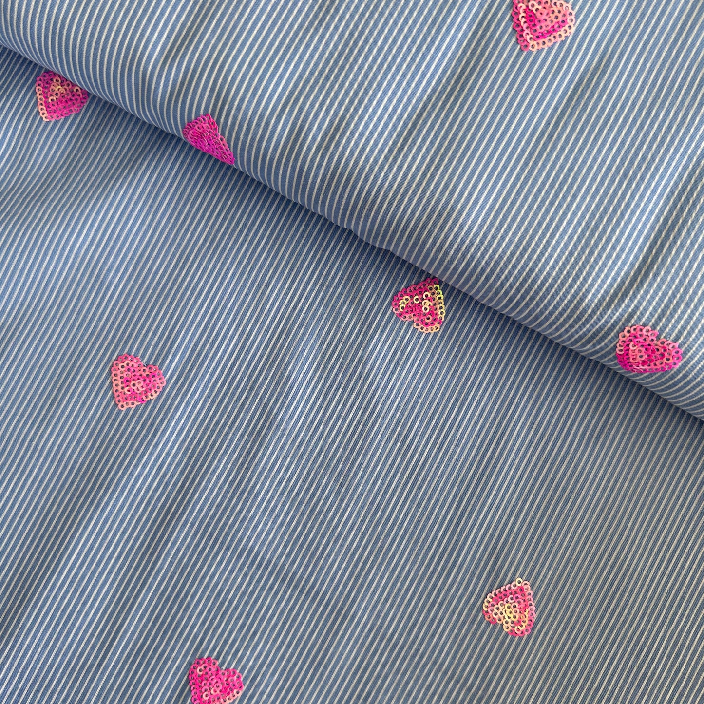 Pink Sequin Hearts | Blue & White Pinstripe Cotton Blend