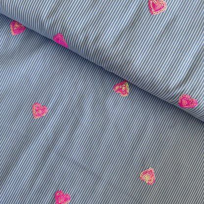 Pink Sequin Hearts | Blue & White Pinstripe Cotton Blend