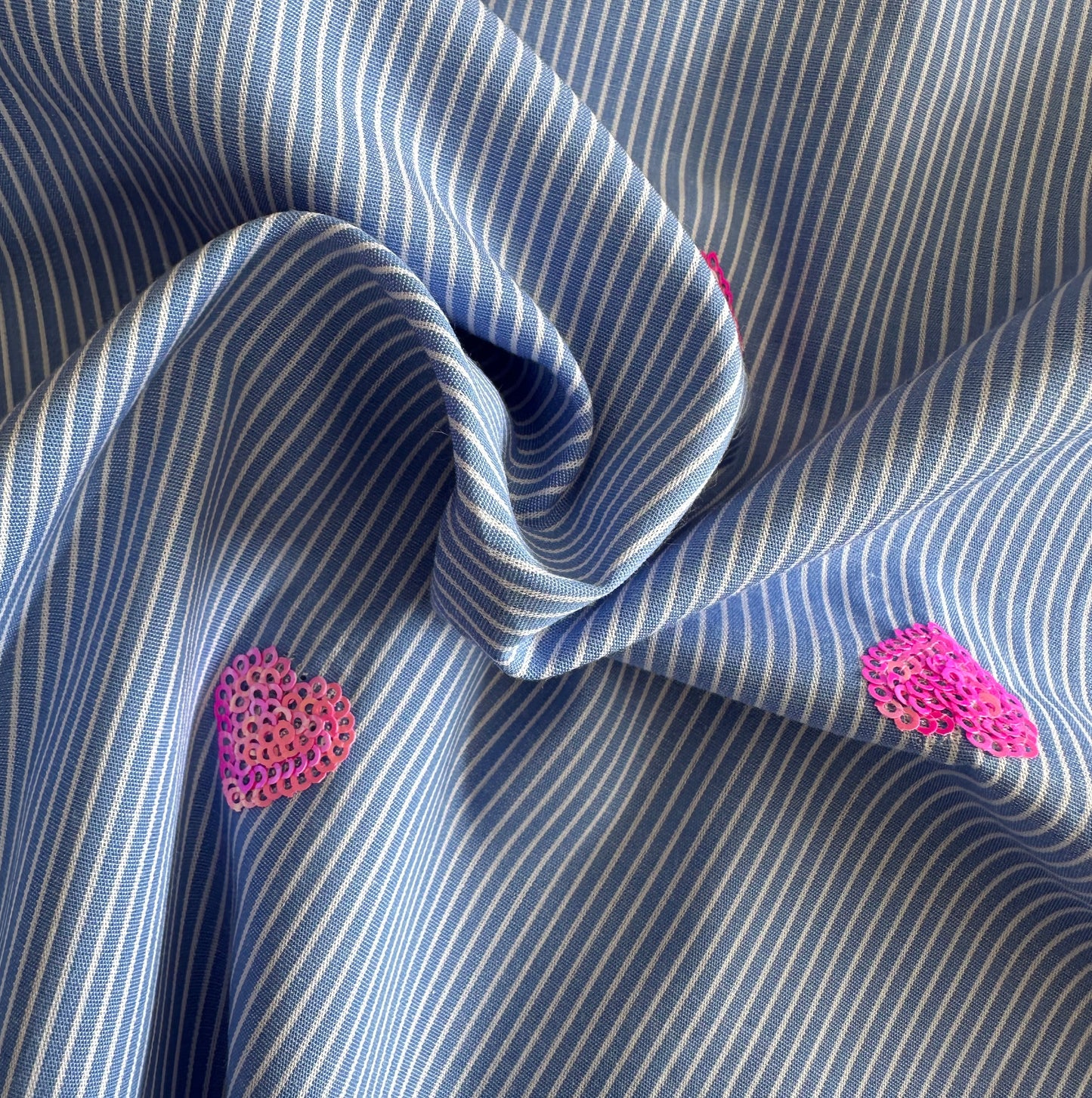 Pink Sequin Hearts | Blue & White Pinstripe Cotton Blend