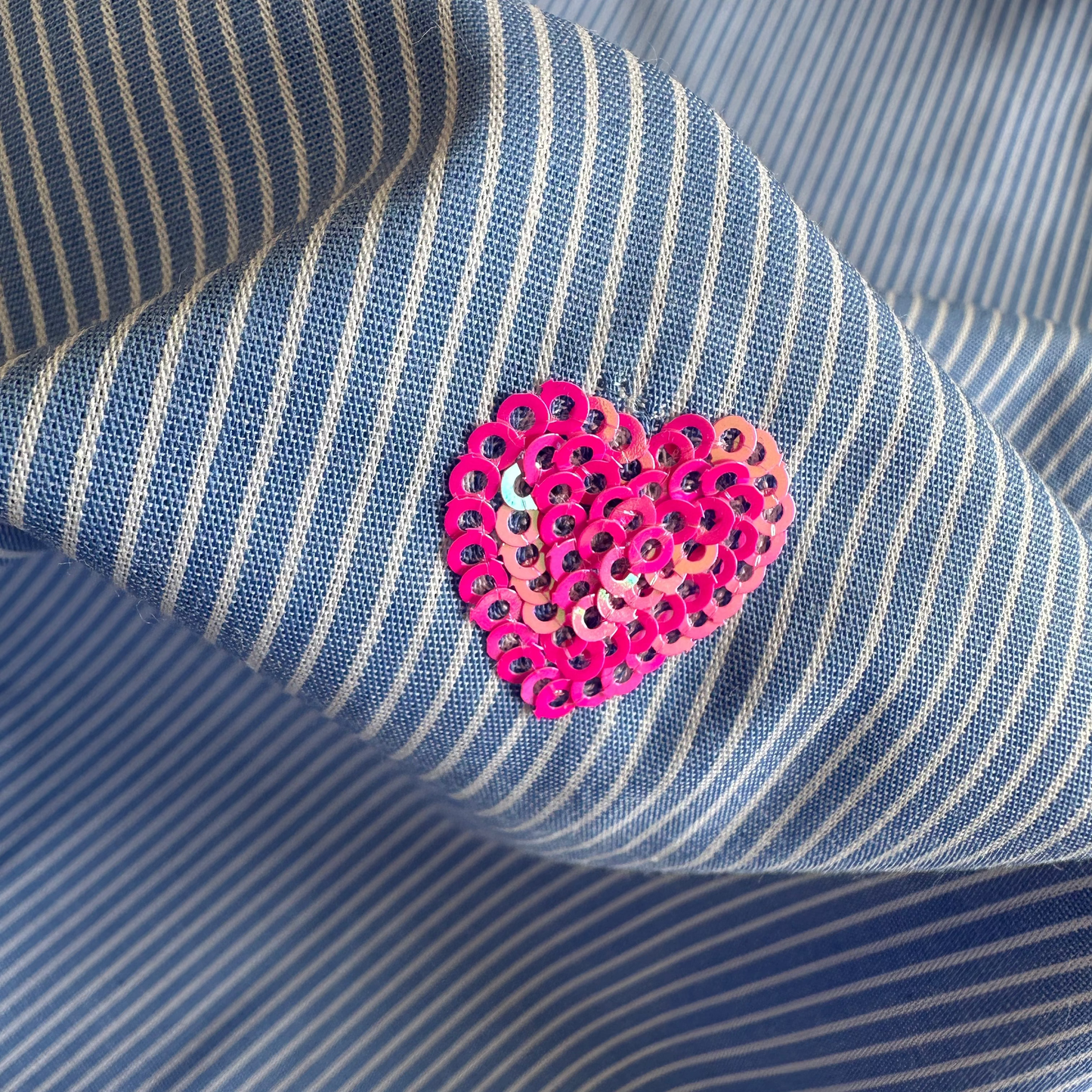 Pink Sequin Hearts | Blue & White Pinstripe Cotton Blend