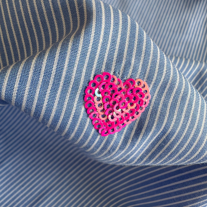 Pink Sequin Hearts | Blue & White Pinstripe Cotton Blend