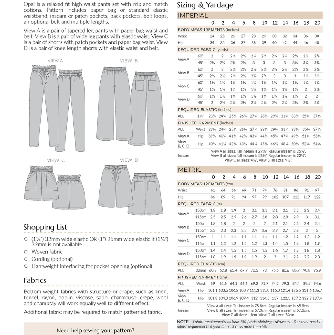 Opal Pants & Shorts Size 0-20 | Paper Pattern