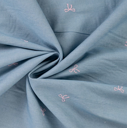 Embroidered Pink Bows | Lightweight Denim 0.75cm Remnant