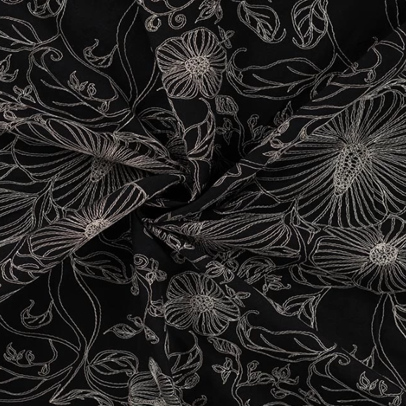 Cotton Embroidery Flowers and Plants | Black