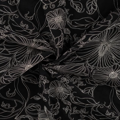 Cotton Embroidery Flowers and Plants | Black