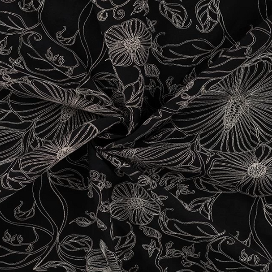 Cotton Embroidery Flowers and Plants | Black
