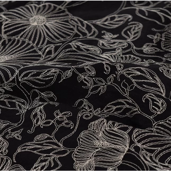 Cotton Embroidery Flowers and Plants | Black