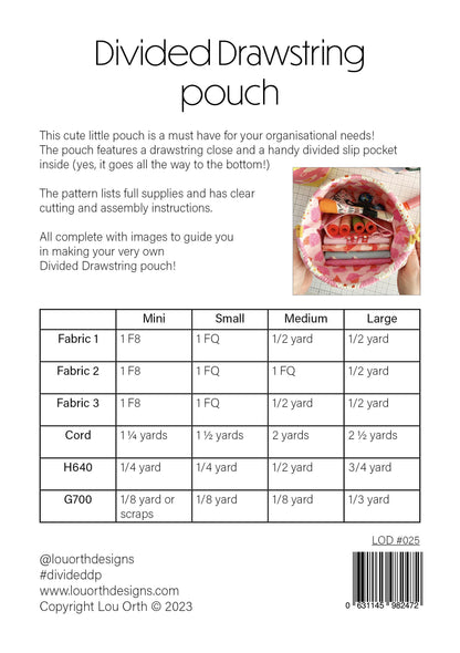 Divided drawstring pouch pattern