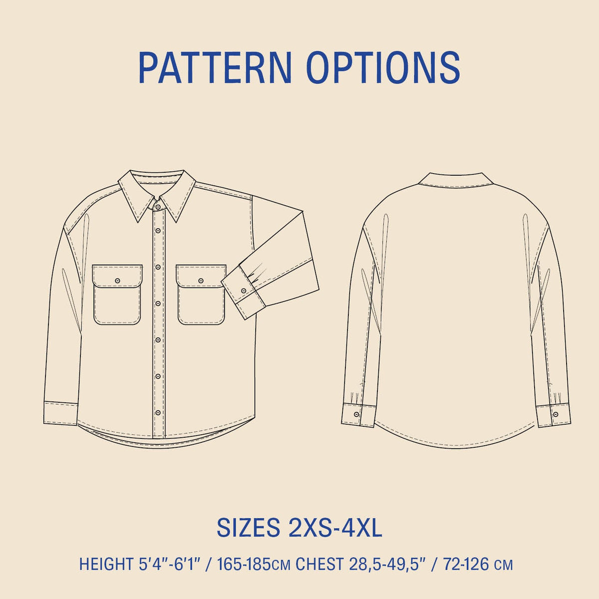 Outline of a shirt with pattern options and size information on a beige background