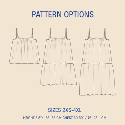 Outline of a dress with pattern options and size information on a beige background